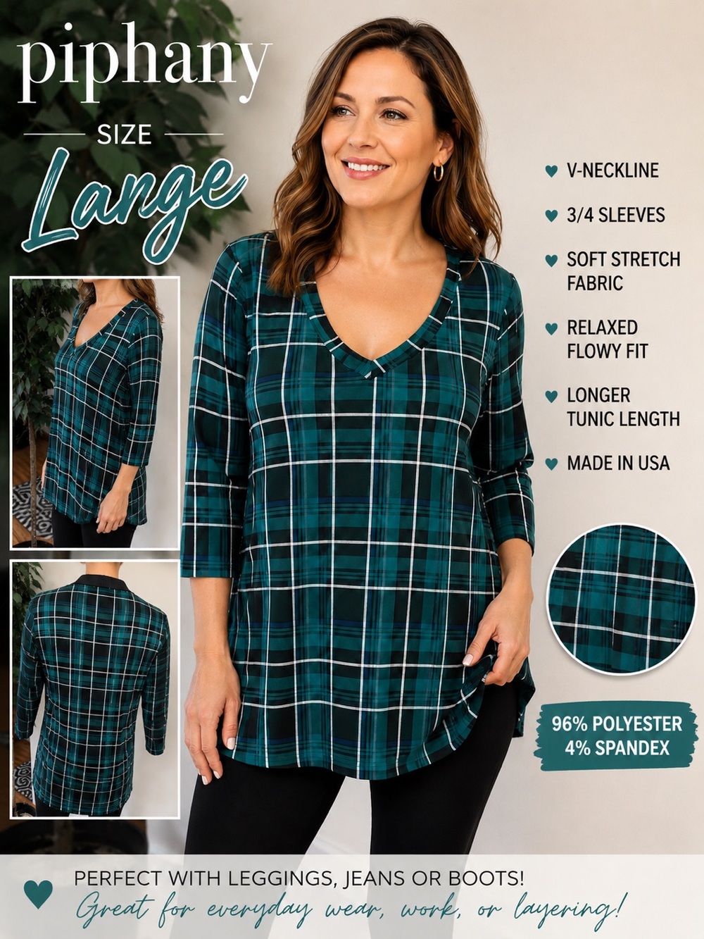 Piphany Plaid Tunic Top Size L Teal Black blue & white Stretch 3/4 Sleeve V-Neck
